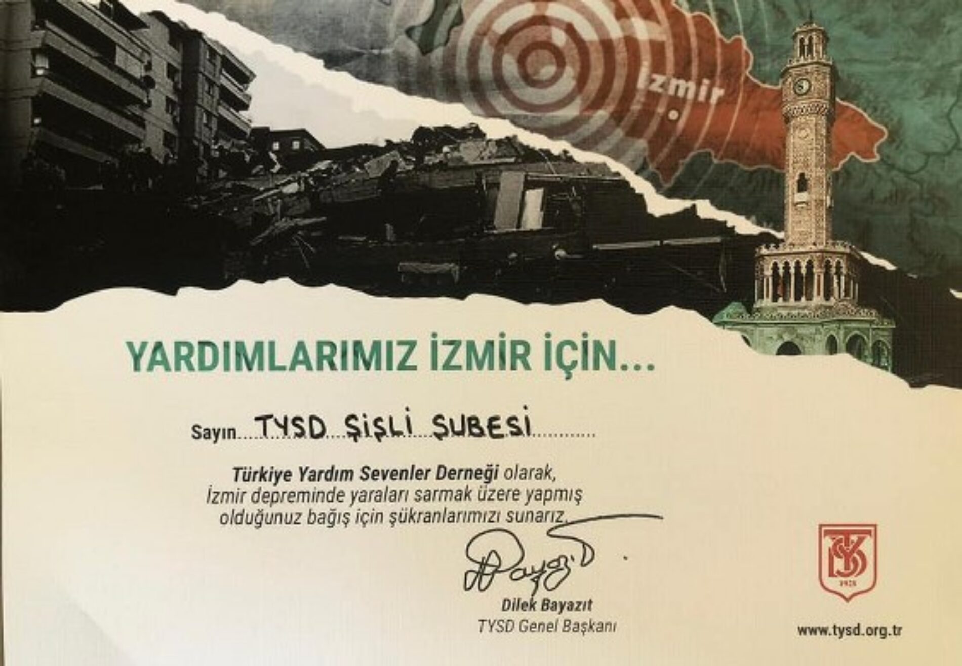 TYSD Genel Merkezimizin İzmir Depremi Yardımları İçin Teşekkür Kartları