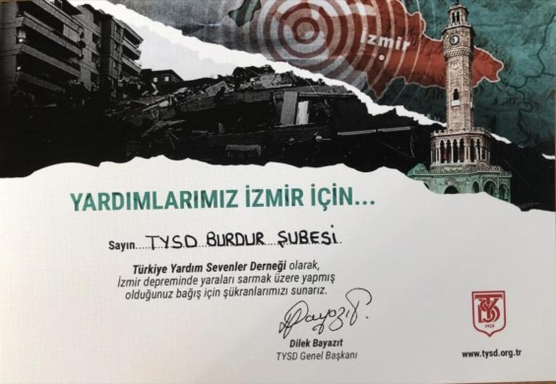 TYSD Genel Merkezimizin İzmir Depremi Yardımları İçin Teşekkür Kartları