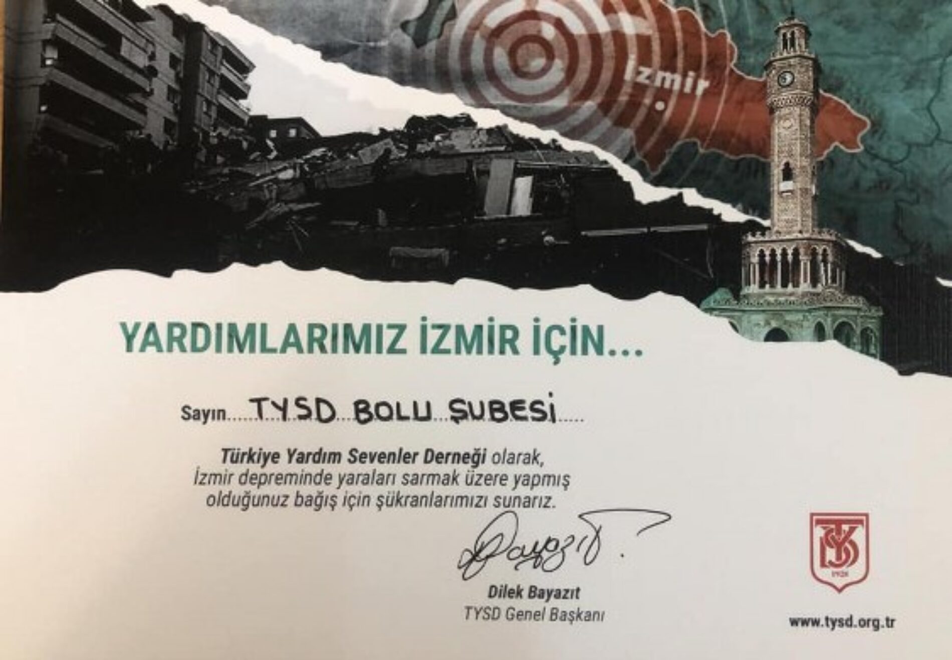 TYSD Genel Merkezimizin İzmir Depremi Yardımları İçin Teşekkür Kartları