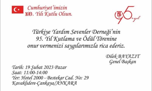 TYSD Genel Merkezimiz 19 Şubat 2023 Tarihinde 95. Kuruluş Yıldönümünü Kutlayacaktır